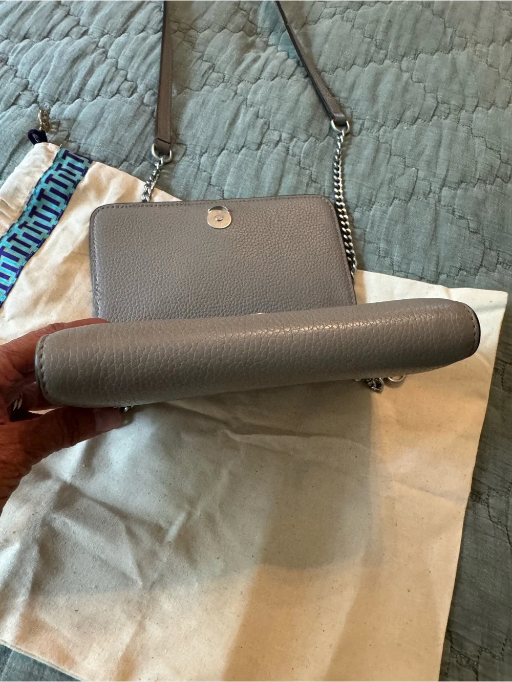 Tory Burch Taupe Pebbled Leather Logo Chain Crossbody
